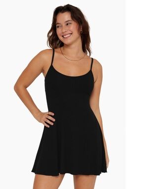SET Active Ribbed Cami Dress Black Spaghetti Straps Knit Size M Built In Bra